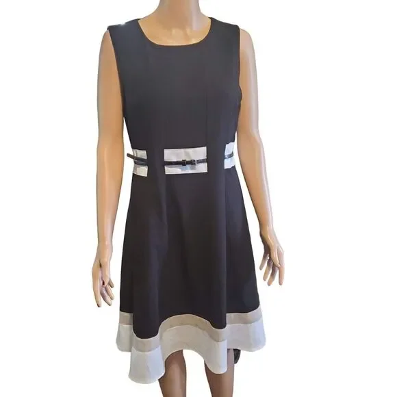Calvin Klein | Dresses | Calvin Klein Sz Black White Tan Colorblock Fit  Flare Dress Belt Office | Poshmark